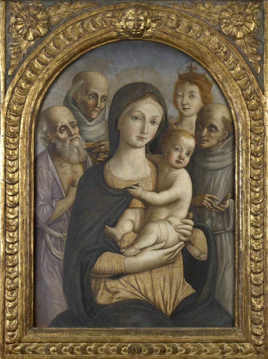 Jomfruen og barnet med SS. Jerome, Bernardino av Siena, Katarina av Alexandria og Frans, 1400-tallet av Pietro di Francesco degli Orioli