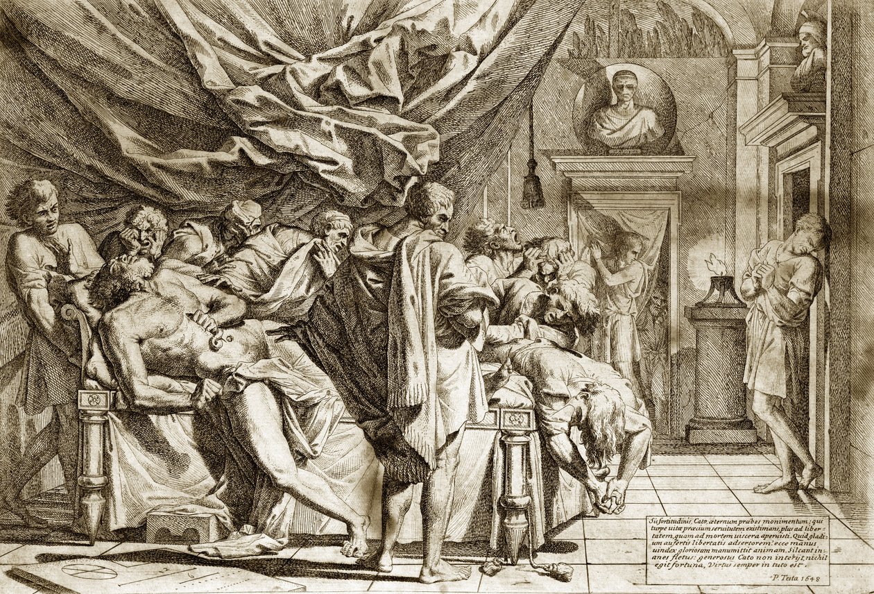The Death of Caton the Elder (Marcus Porcius Cato) or Caton the Censor (234-149 BC) by Pietro Testa 1648 - The Death of Cato - 1648, by Pietro Testa (1612-1650 BC), etching - av Pietro Testa