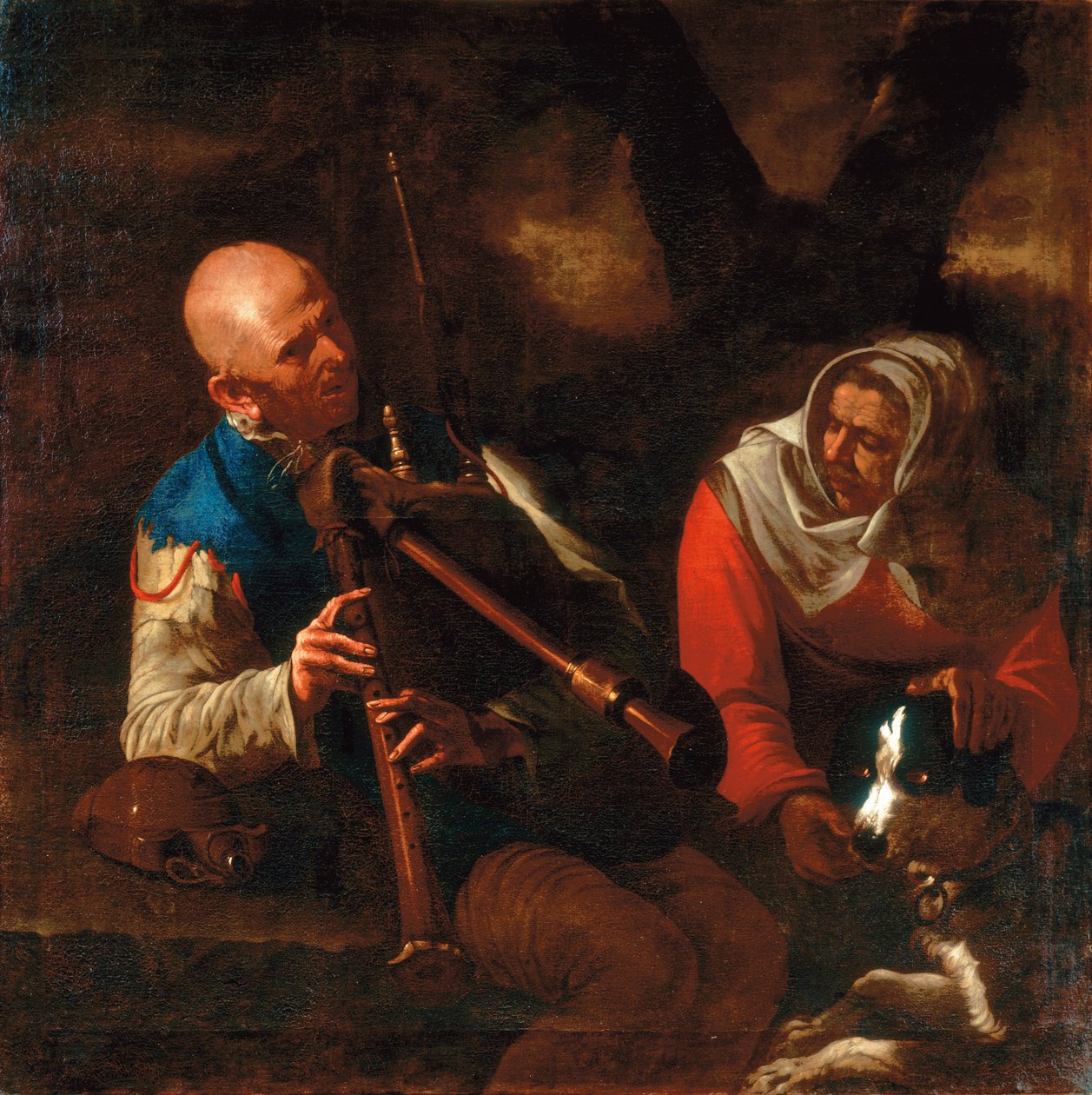 En bonde som spiller sekkepipe og en gammel kvinne som lytter med en hund (olje på lerret) av Pietro (circle of) Paolini