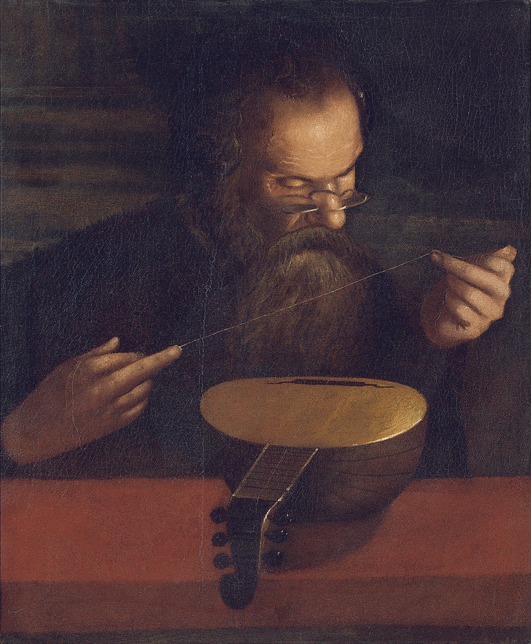 En gammel mann strenger en lutt (olje på lerret) av Pietro (circle of) Paolini