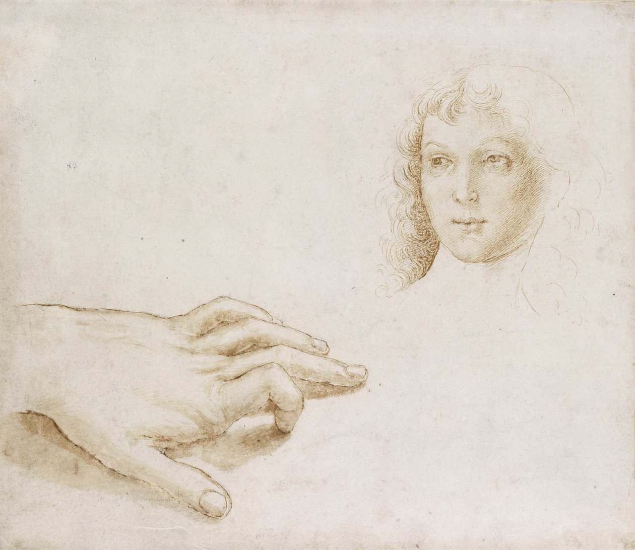 Studier av et hode og en hånd (penn og pensel i lysebrunt blekk over metalpoint på hvitt papir) av Pietro (circle of) Perugino