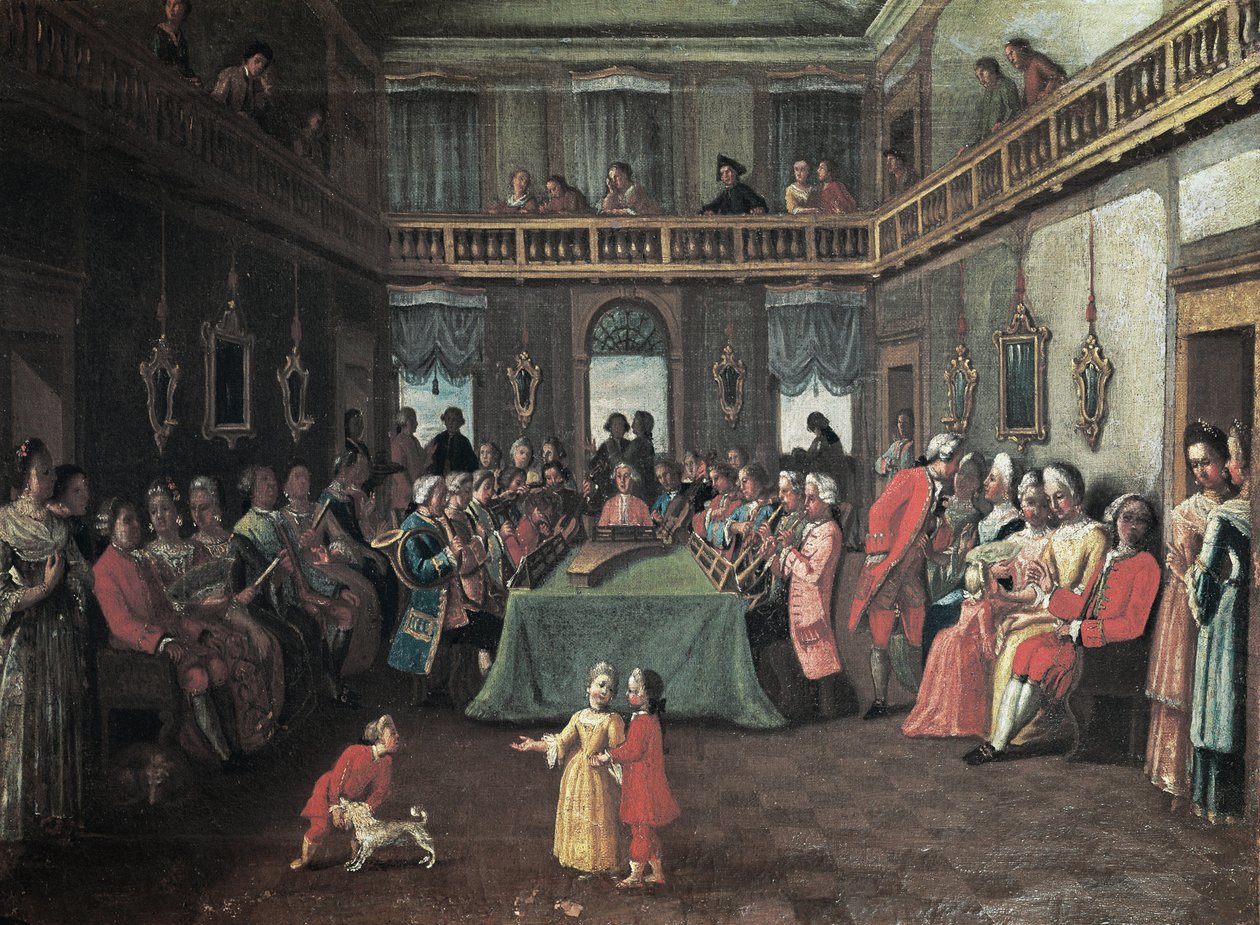 Konsert i et privat hus - Privat konsert i et hus. Maleri av skolen til Pietro Longhi av Pietro (school of) Longhi