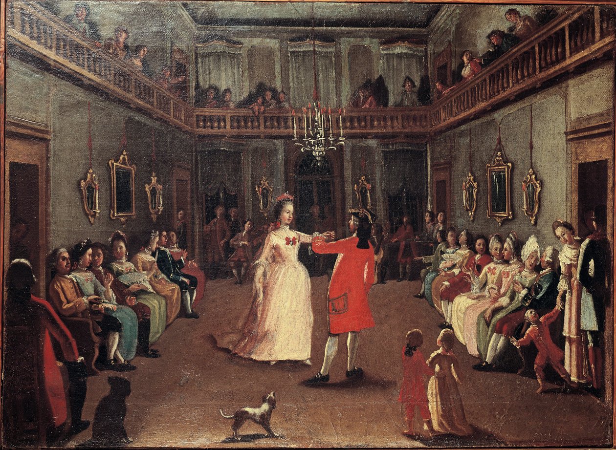 Åpning av ballen - Åpningen av ballen. Maleri av skolen til Pietro Longhi (1702-1785) av Pietro (school of) Longhi