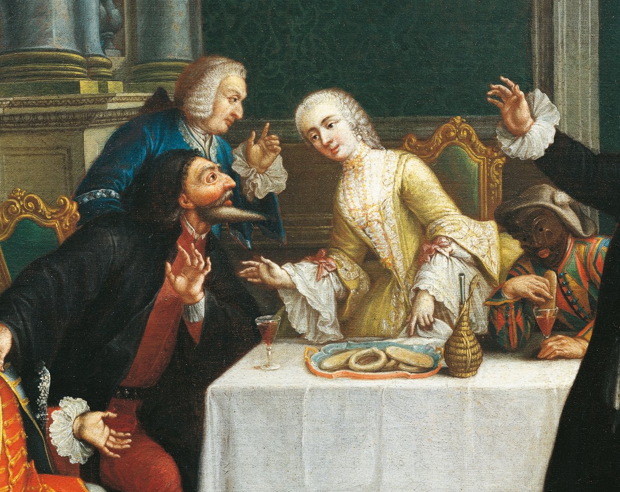 "Snacksen med maskene"" Komikere iført Commedia dell'arte-kostymer rundt et bord hvor det serveres kjeks og vin (detaljer) 1700-tallet (maleri) av Pietro (school of) Longhi