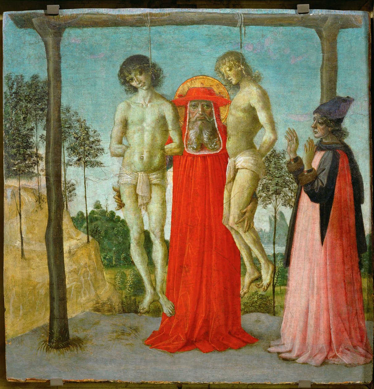 Den hellige Hieronymus støtter to hengte unge menn … av Pietro (studio of) Perugino