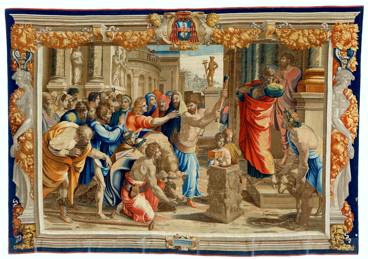 1600-talls billedvev som viser Lystra-offeret av Pietro 1579 1669 Fevère