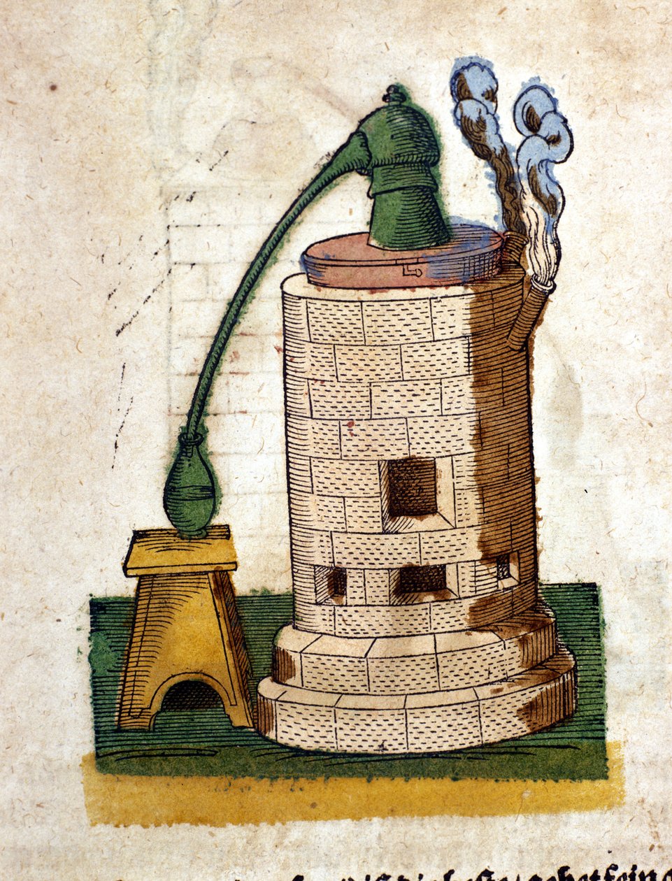 Alkymi: Apparat for destillasjon. Gravering fra en bok av Pietro Andrea Mattioli (Matthiole) (1500-1577). Frankfurt av Pietro Andrea Mattioli