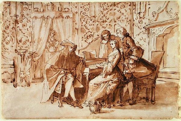 A Music Party (penn og brun vask over svart kritt på papir) av Pietro Antonio Novelli
