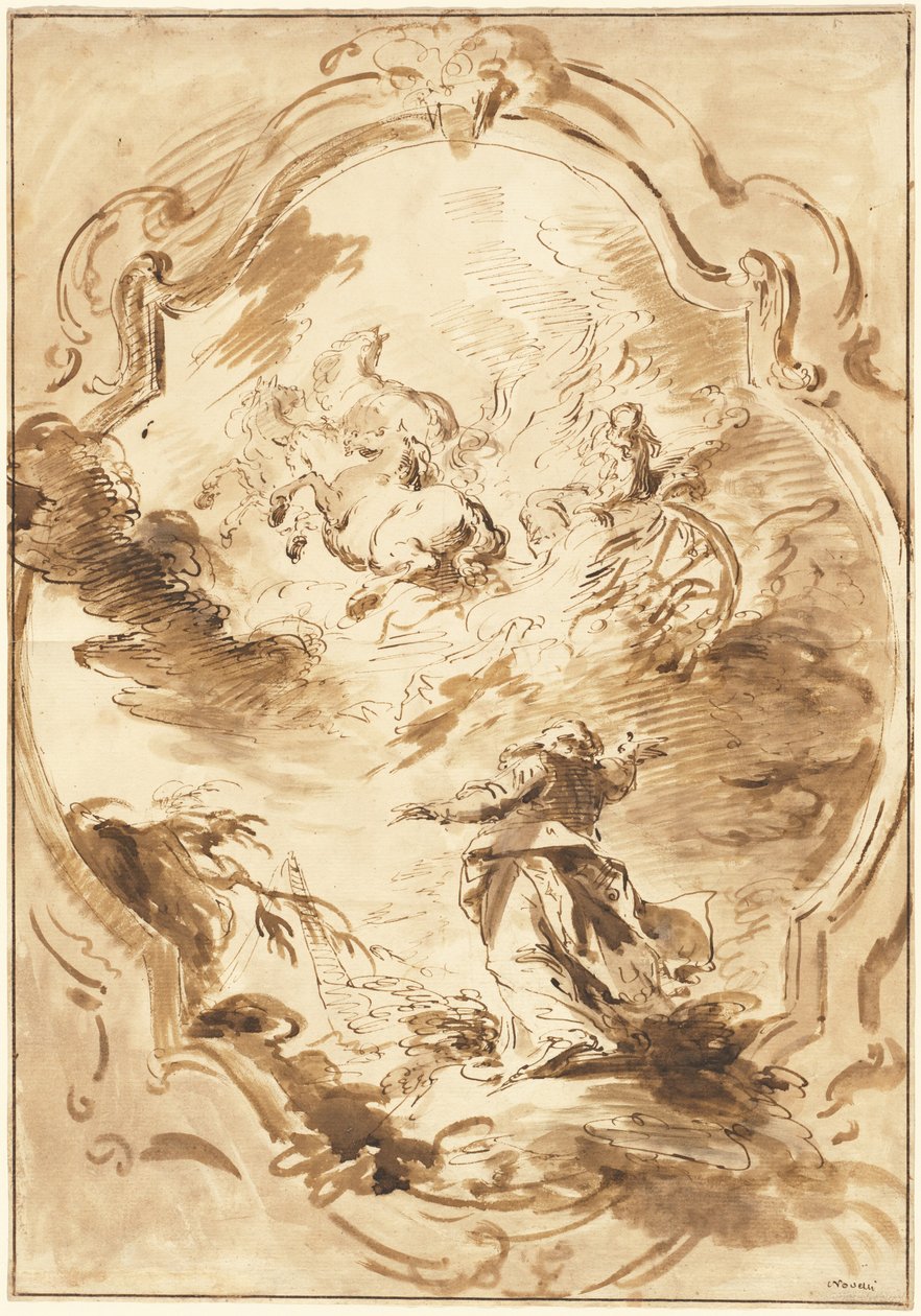 Elisha ser på Elijah stige opp i den brennende vognen av Pietro Antonio Novelli