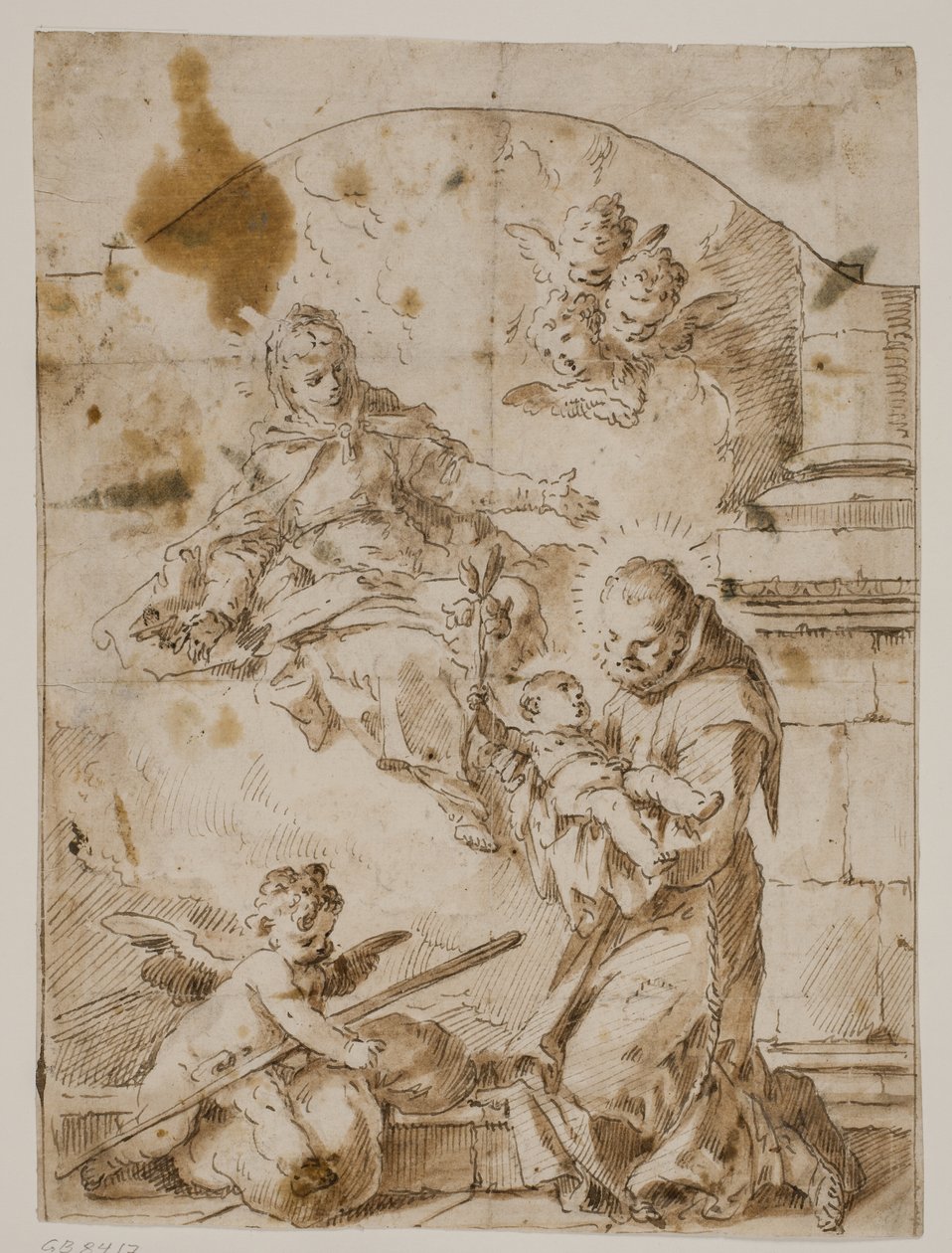 St Antony of Padua kneler med Kristusbarnet i armene mens jomfruen og englene dukker opp på himmelen av Pietro Antonio Novelli