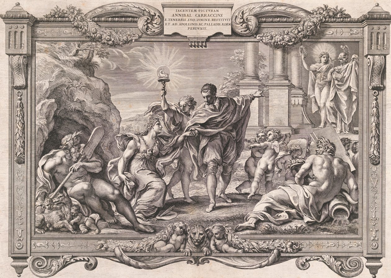 Annibale Carracci introduserer maleri til Apollo og Minerva, 1674. av Pietro Aquila