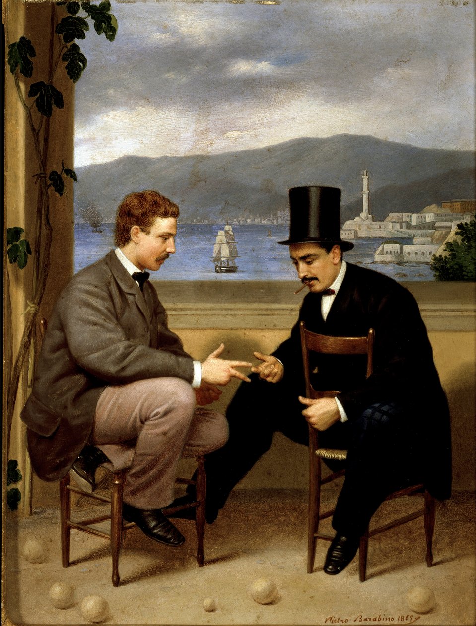 To spillere til å dø Spill av italiensk opprinnelse "" morra", en mann i dress med topphatt og sigar har munnen sittende i caliphourchon på stolen. Maleri av Pietro Barabino (1822-1869) 1865 Søn. 25,5x19,5 cm Gener, Galleria d