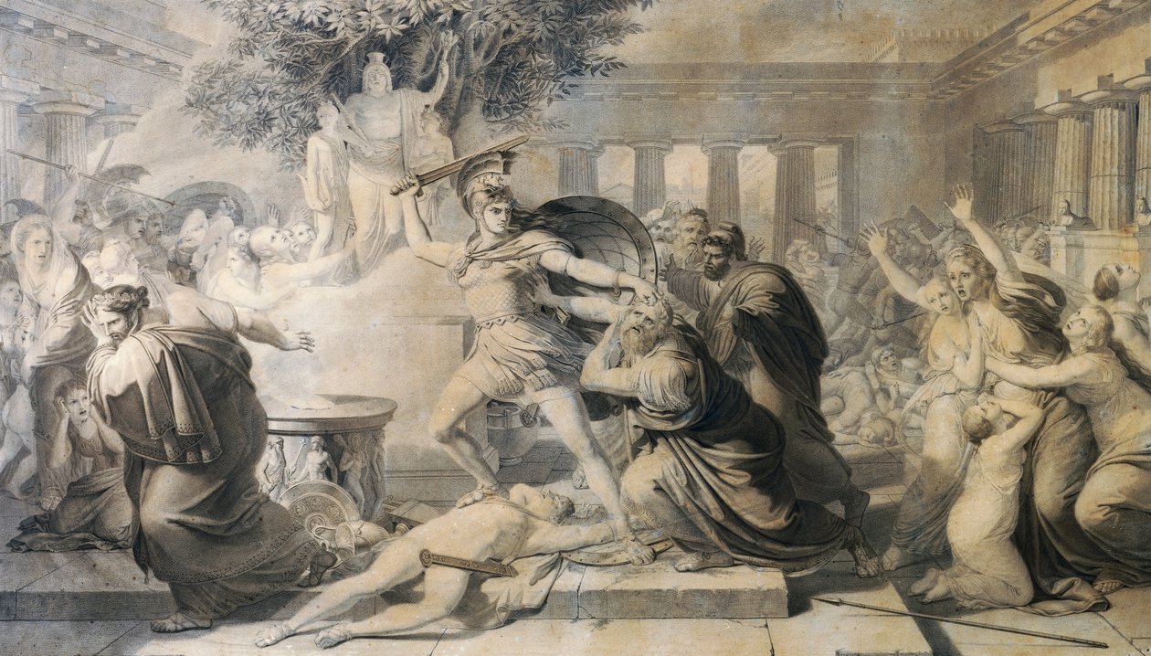 Death of Priam, av Pietro Benvenuti (1769-1844), trykk fra maleri fra 1811 av Pietro Benvenuti