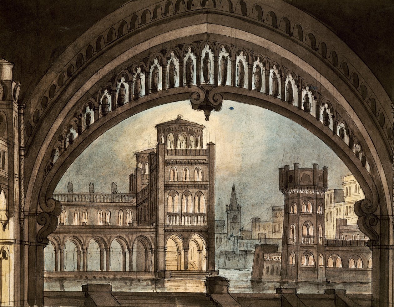 Scenografi for 'La Straniera', av Vincenzo Bellini, ved Carignano-teatret, Torino (penn og blekk og akvarell på papir) av Pietro Bertoja