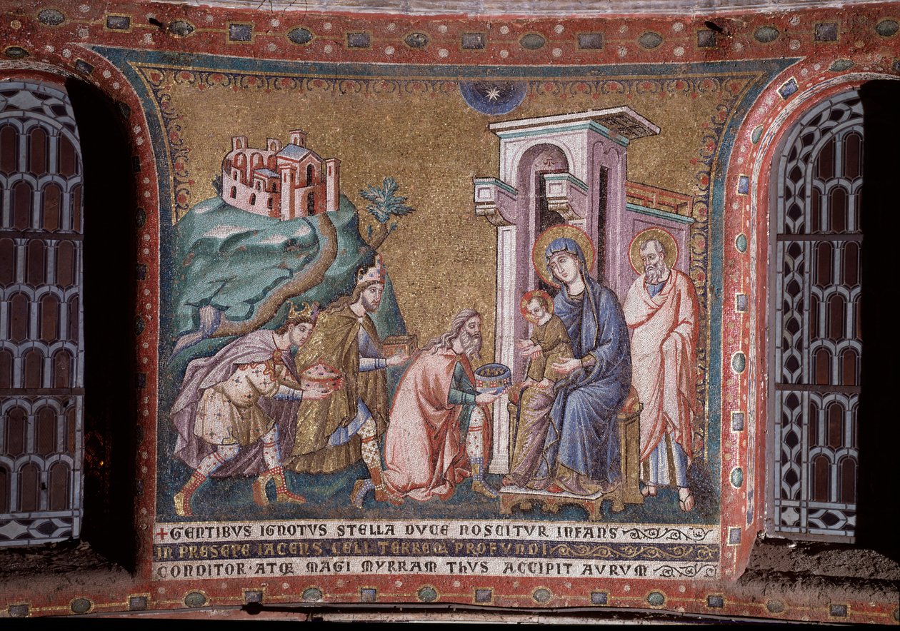 Tilbedelse av den mosaiske magi av apsis til Pietro Cavallini (aktiv rundt 1273-1330) sent på 1200-tallet (tilbedelse av magi, mosaikk fra apsis av Pietro Cavallini, slutten av 1200-tallet) Roma, kirken Santa Maria i Trastevere Italia av Pietro Cavallini