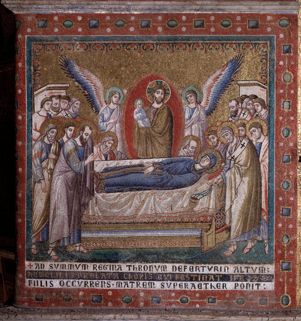 Mosaikken til apsis til Pietro Cavallini (aktiv rundt 1273-1330) sent på 1200-tallet (Jomfruens transitt, mosaikk fra apsis av Pietro Cavallini, slutten av 1200-tallet) Roma, kirken Santa Maria in Trastevere Italia av Pietro Cavallini