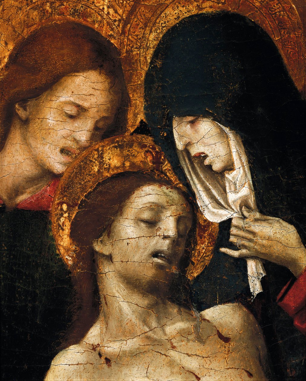 Nedstigning fra korset (Deposizione), detalj av Johannes, Jomfru Maria og Kristus, tidlig på 1500-tallet (tempera på panel) av Pietro Cavaro