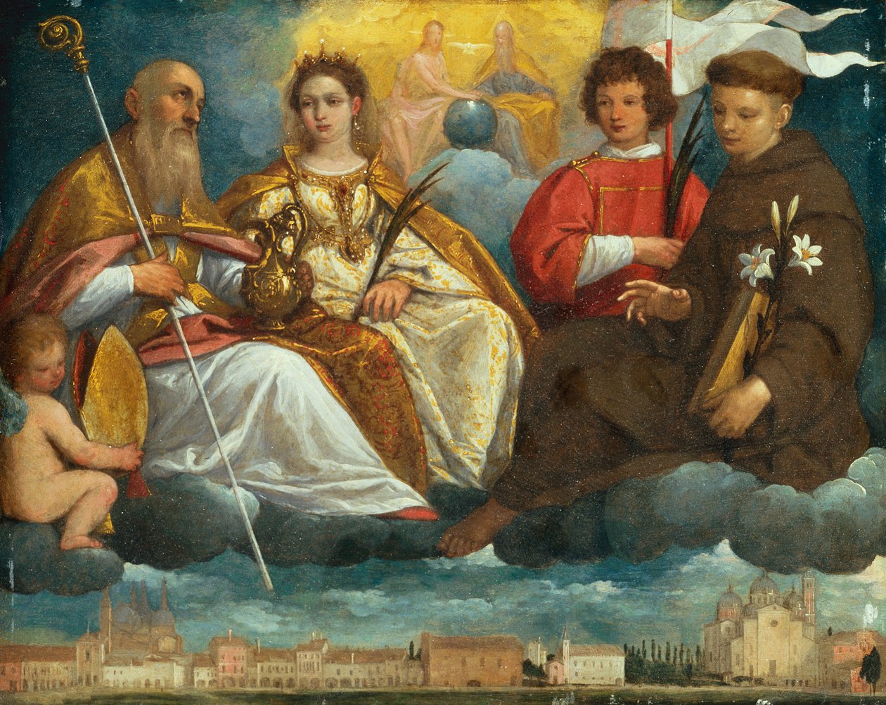 Saint Prosdocimus, Justina, Daniel og Antony of Padua in Glory med utsikt over Prato della Valle, Padua (olje på kobber). av Pietro Damini