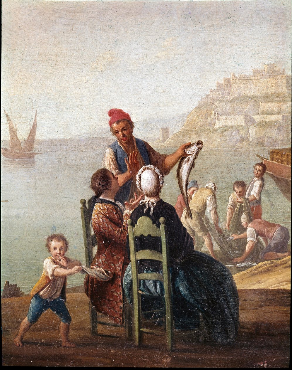 En fiskeselger og et par (En fiskeselger og et par) Detaljmaleri av Pietro Fabris Museo Nazionale di San Martino Napoli fra 1700-tallet av Pietro Fabris