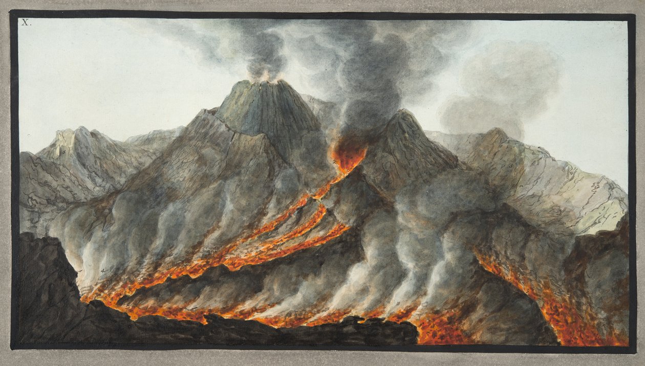 Crater of Mount Vesuvius fra en original tegning utført på åstedet i 1756, plate 10 fra 