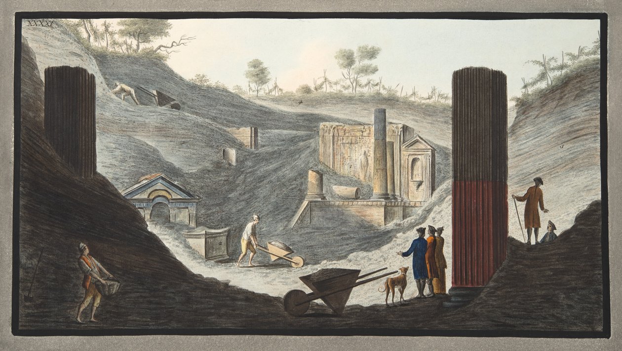 Tidlige utgravninger ved Herculaneum, der Sir William var aktiv med støtte fra monarkene, fra 