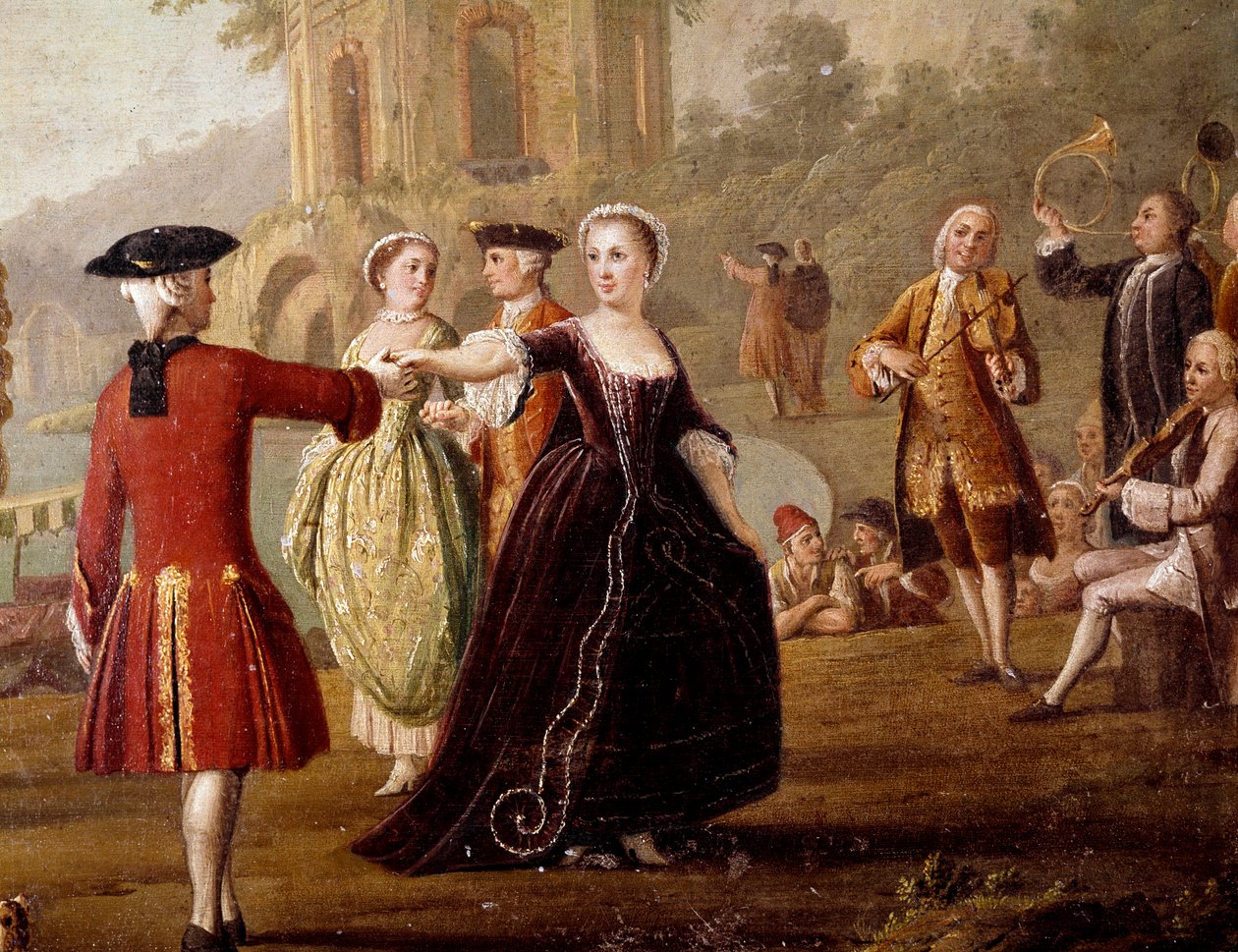 Edel dans og festscene i Napoli Dansere i en park. Maleri av Pietro Fabris (aktivt mellom 1763 og 1776). Napoli fra 1700-tallet, Museo Nazionale di San Martino av Pietro Fabris