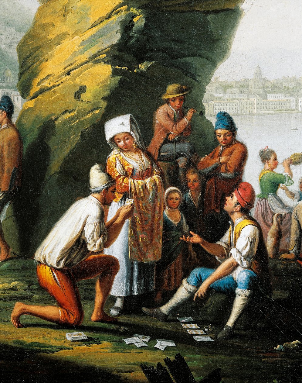 Scene fra hverdagen i Posillipo-hulen, menn som spiller kort, av Pietro Fabris (aktiv 1768-1778), olje på lerret, detalj av Pietro Fabris