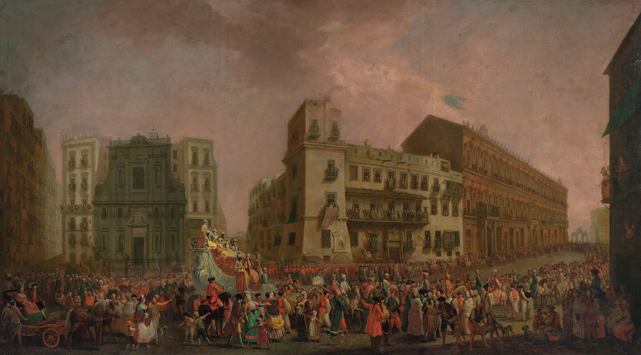 Karnevalet i Napoli i 1778, med "Cavalcata turca" som paraderer gjennom Largo di Palazzo, ca. 1778 av Pietro Fabris