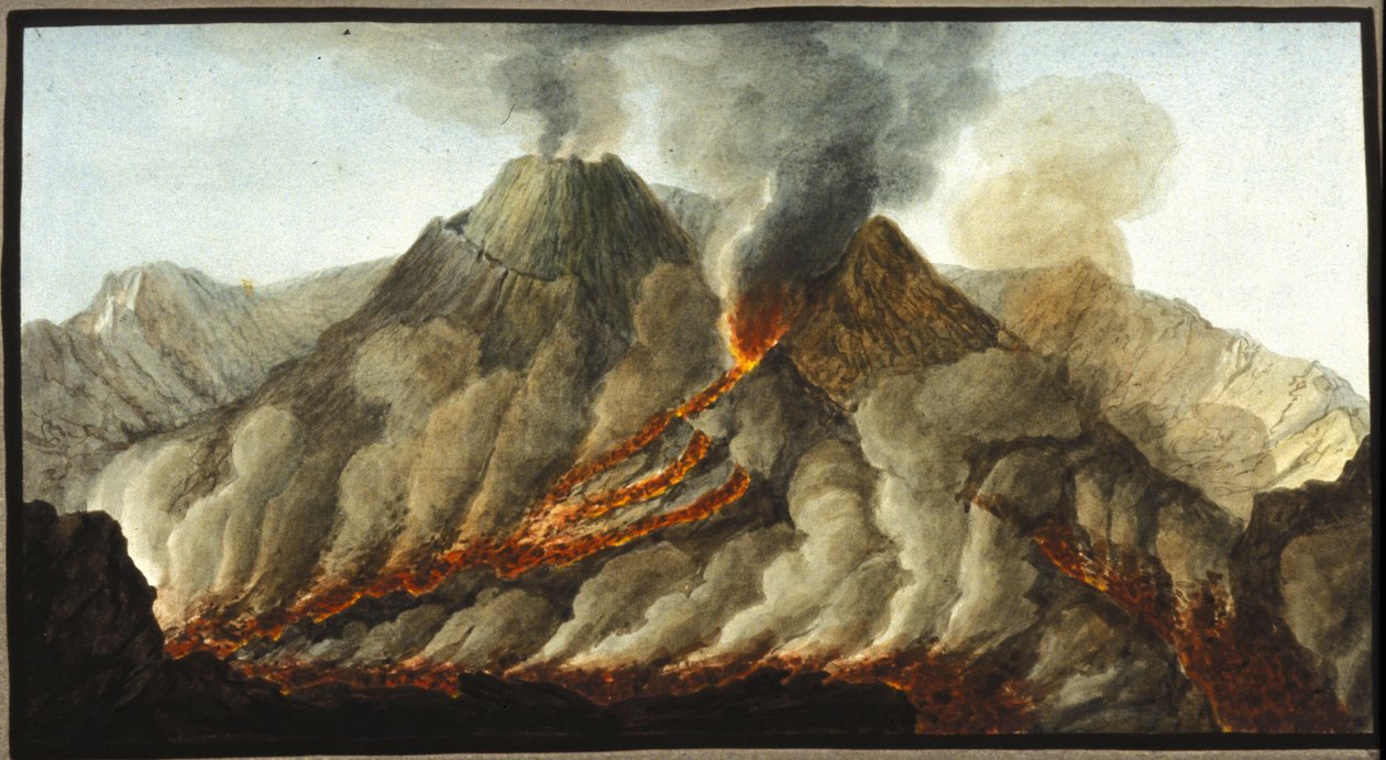 Vesuv i utbrudd. Denne gouache ble utført av Pierre Fabris, på forespørsel fra Sir William Hamilton, engelsk ambassadør i Napoli.Bibl. Braidense, Milano. av Pietro Fabris
