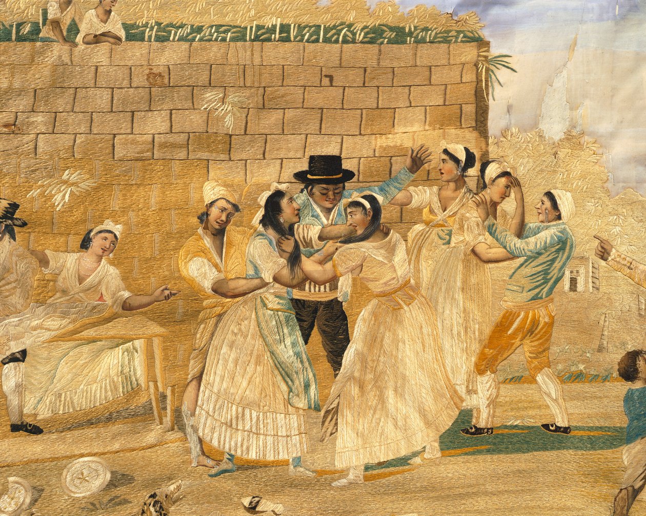 Den besittende napolitanske kampscenen, broderi på silke fra en gravering av Pietro Fabris, Italia av Pietro Fabris