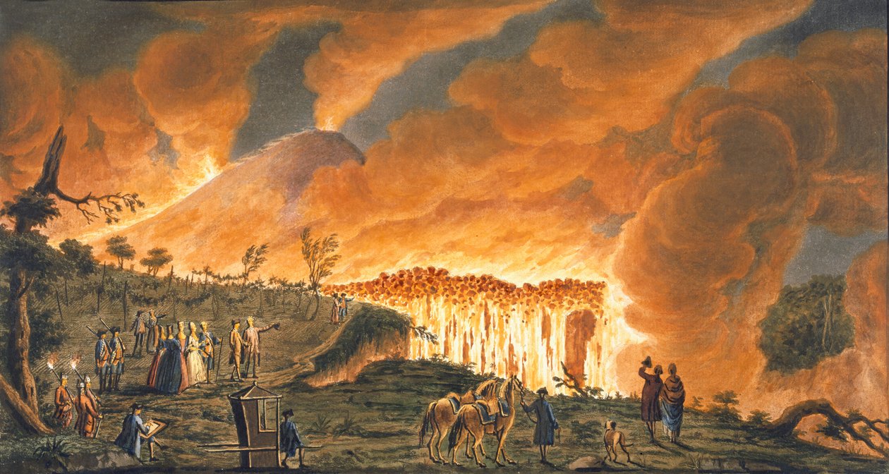 Utsikt over Hamilton som eskorterte sine sicilianske majesteter den 11. mai 1771, for å observere lavastrømmen fra det store utbruddet av Vesuv, Plate 38 fra 