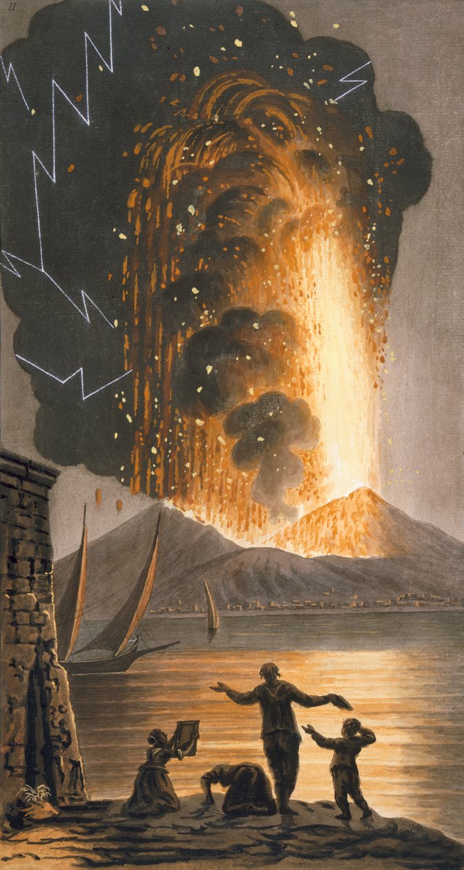 Utsikt over det store utbruddet av Vesuv-fjellet søndag kveld 8. august 1779 fra Hans sicilianske majestets palass i Posillipo, Plate II, publisert 1779 (håndfarget gravering) av Pietro Fabris