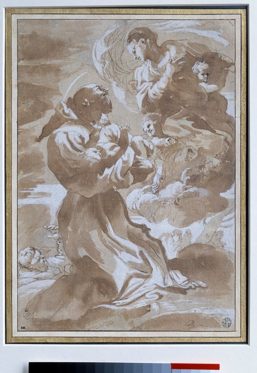 Jomfruen som betror Jesusbarnet til den hellige Francois av Assisi Tegning av Pietro Faccini (1560-1602) Søn fra 1500-tallet. 0,23 x 0,33 m Paris. Museet Louvre av Pietro Faccini
