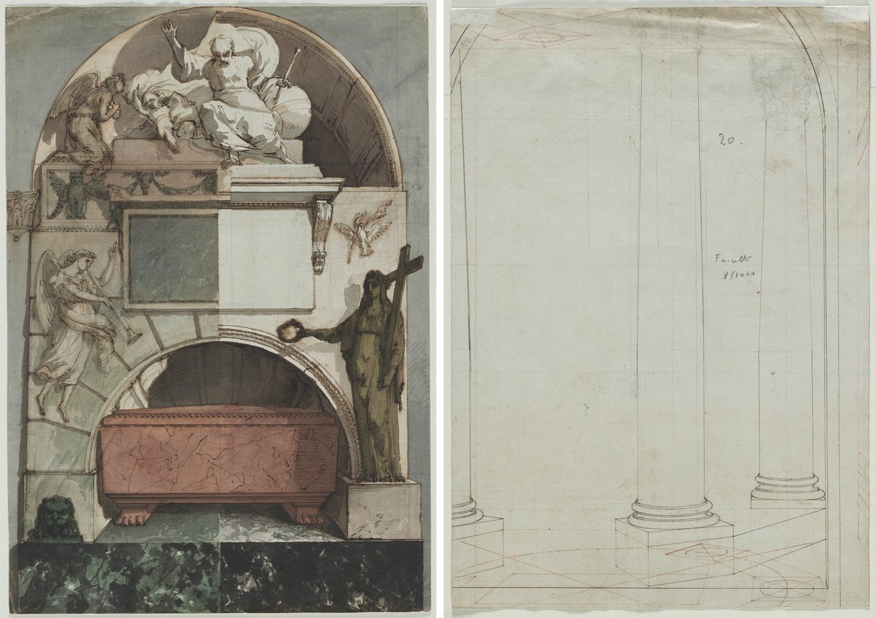 Design for en fresco av en kunstners grav i Certosa i Bologna (recto); Arkitektonisk tegning av søyler (verso) av Pietro Fancelli