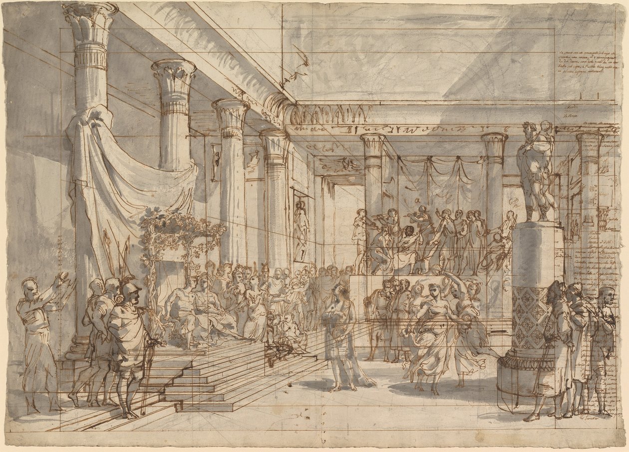 Timotheus spiller lyre foran Alexander og Thaïs i palasshallen i Persepolis av Pietro Fancelli
