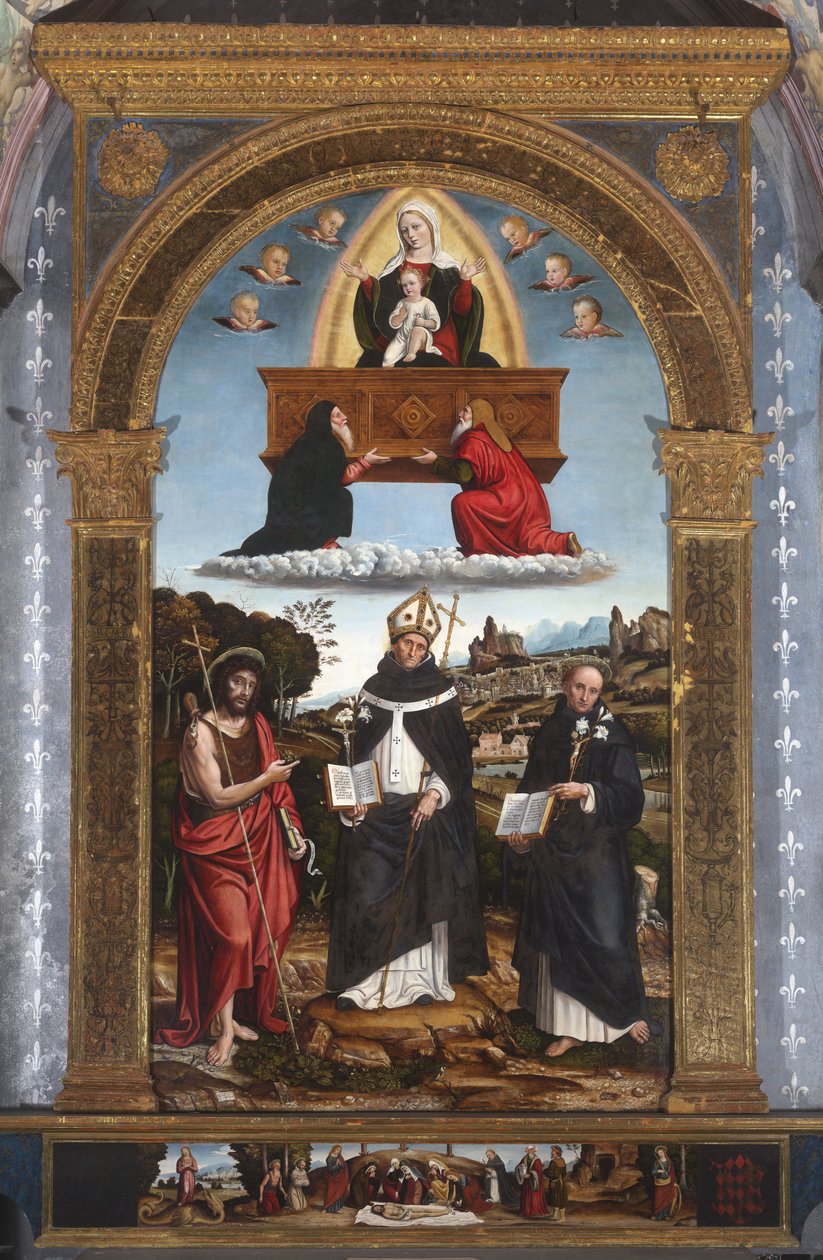 Madonna Odigitria med helgener: Døperen Johannes, Antonino av Firenze og Nicola av Tolentino av Pietro Francesco (1485-1528) Sacchi