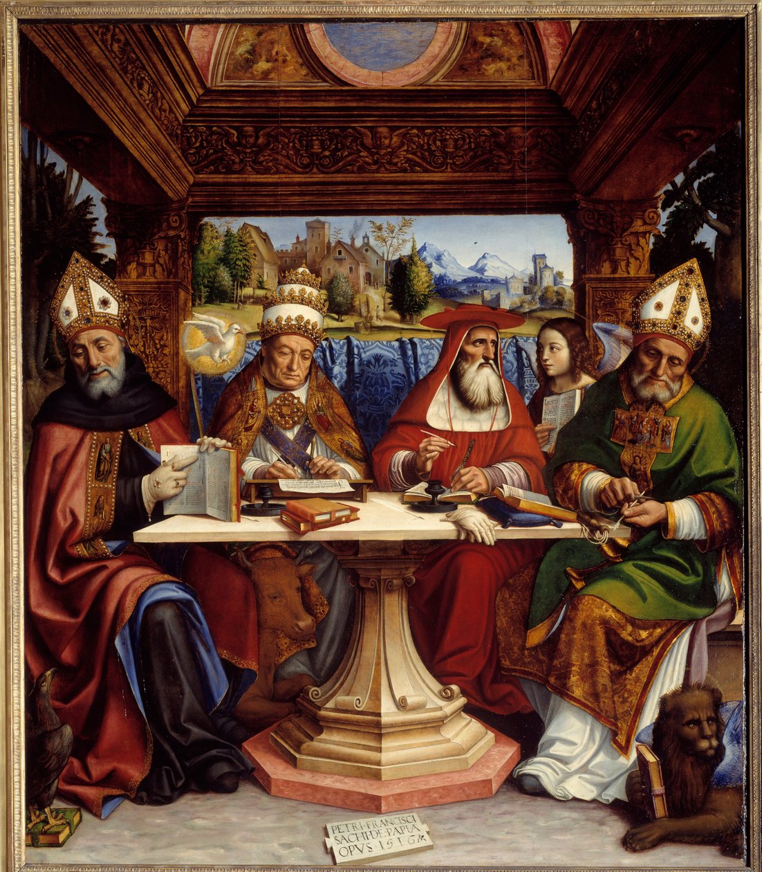 Kirkens fire leger med symbolene til de fire evangelistene (Saint Augustine med en ørn, Saint Gregoire den Store med en okse, Saint Hieronymus med en engel og Saint Ambrose med en vingeløve). Maleri av Pier Francesco Sacchi dit il Pavese (14 av Pietro Francesco  Sacchi