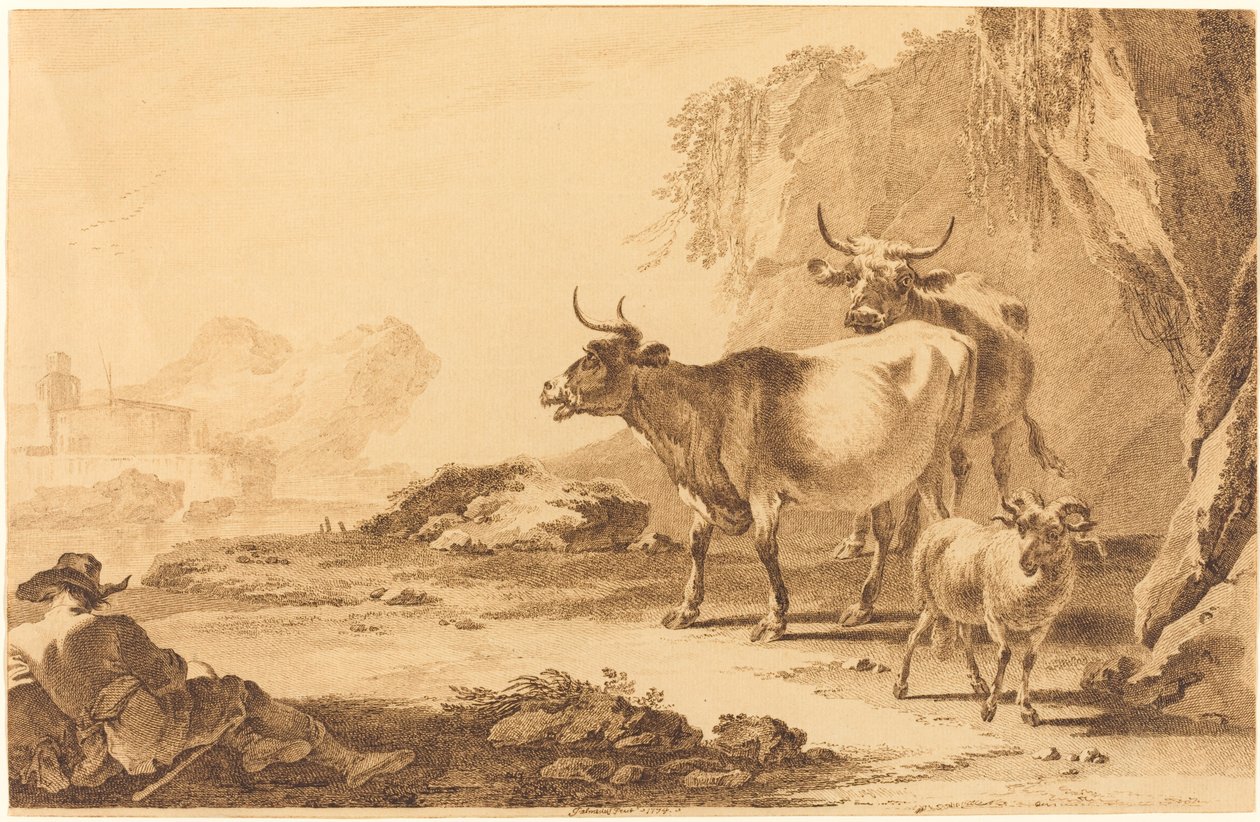 Landskap med storfe, en geit og en hvilende gjeter av Pietro Giacomo Palmieri