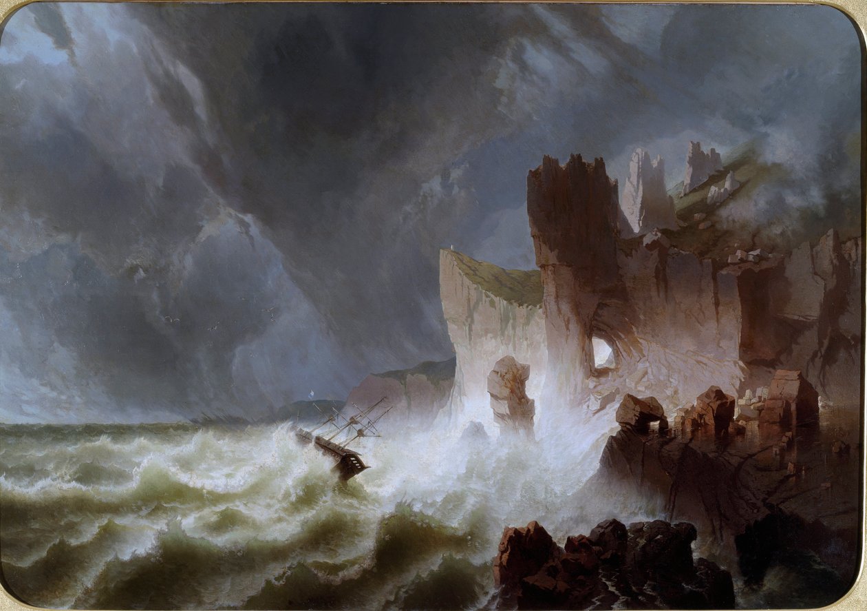 Lido solitario Marine landskap, med skip fanget i stormen, og styrtet på klippene. Maleri av Pietro Giuria (1800-tallet) Dim. 140x200 cm Genes Nervi, Galleria d