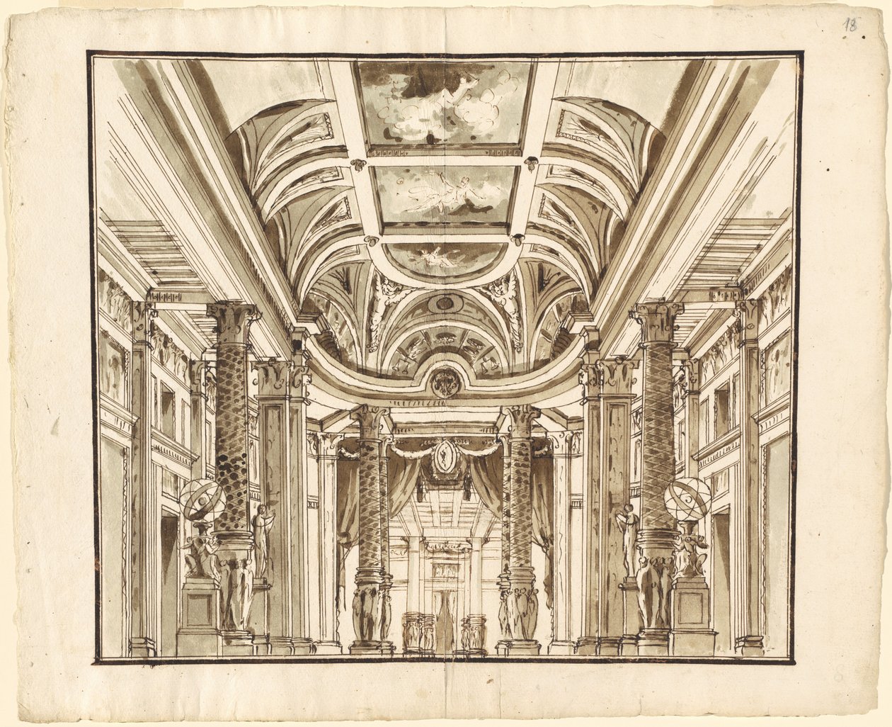 Fantasy of a Great Hall med Basketweave-søyler av Pietro Gonzaga