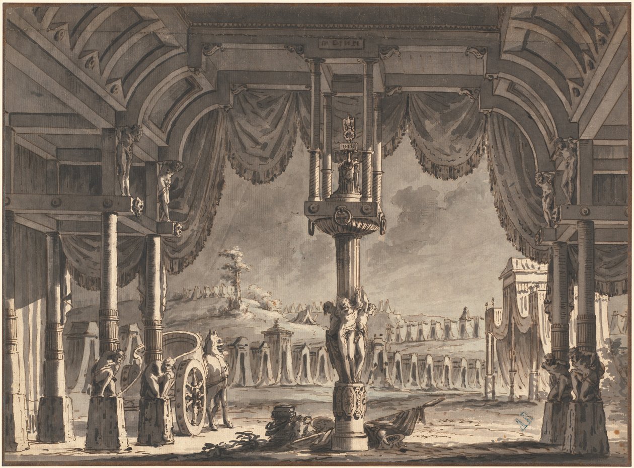 Scenografia unei tabere romane antice de noapte (recto)norvegian av Pietro Gonzaga