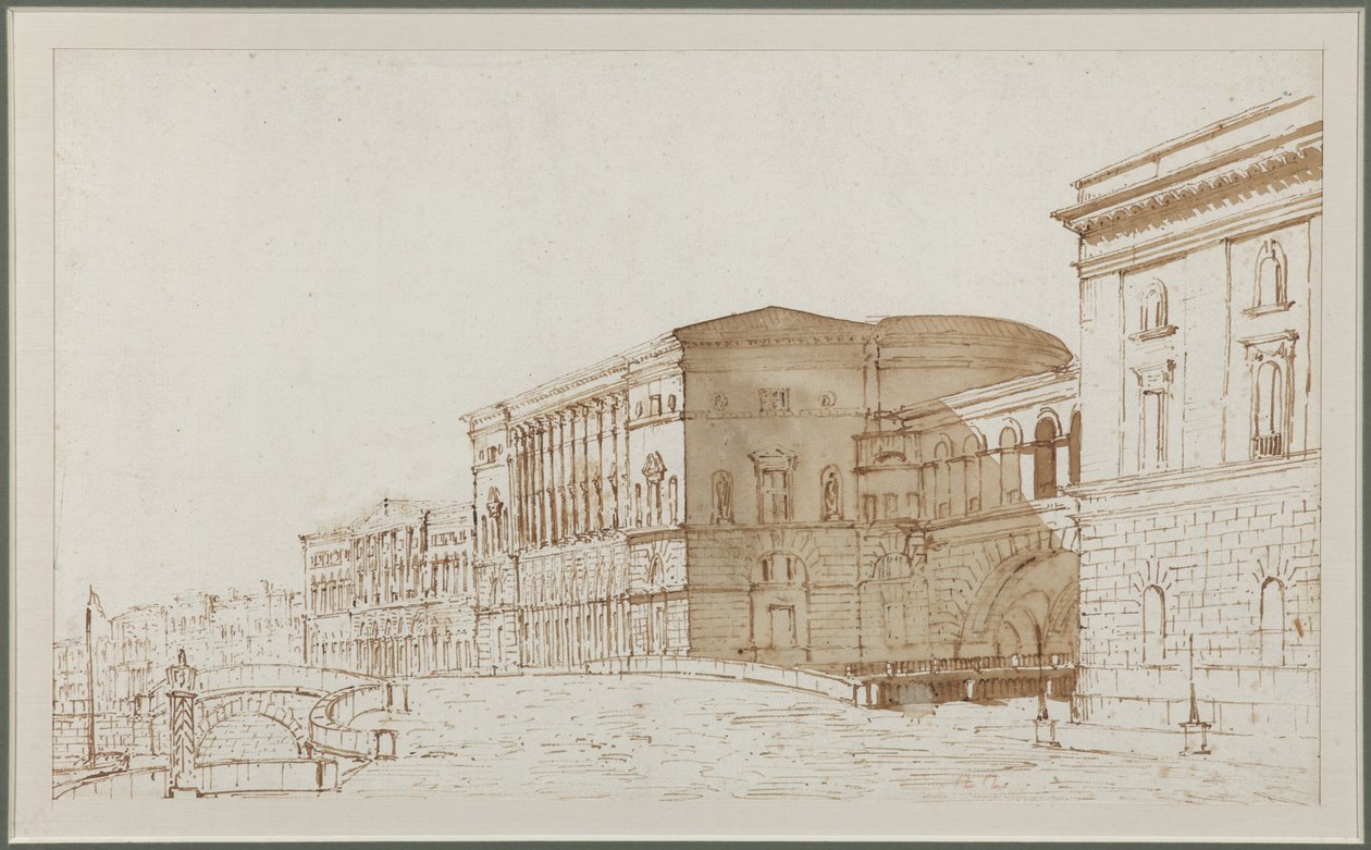 Eremitasjeteateret i St. Petersburg - Pietro di Gottardo Gonzaga (1751-1831). Penn, pensel, brun farge på papir av Pietro Gonzaga