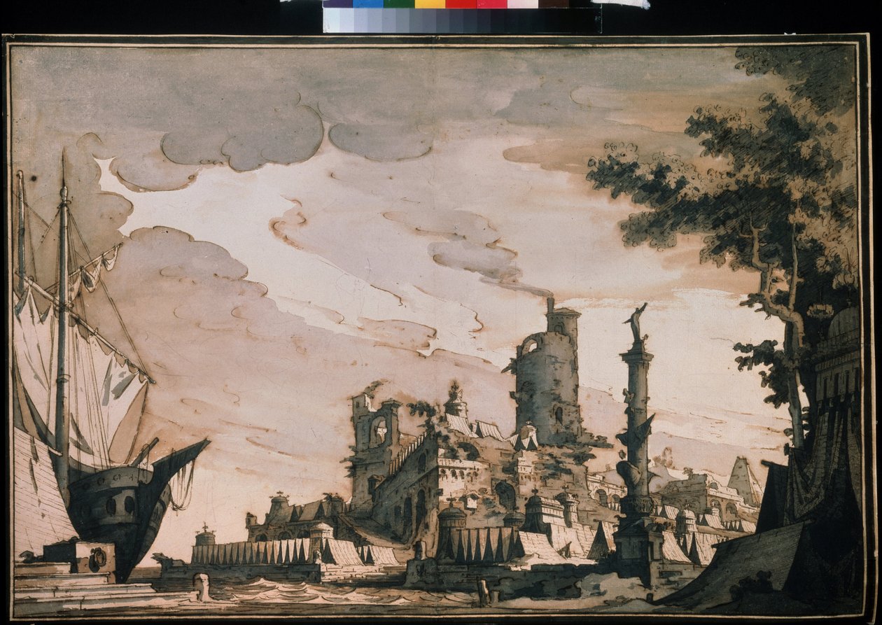 ""Utsikt over en havn"" Teaterinnredning. Akvarell av Pietro di Gottardo Gonzaga (1751-1831) 1818. Akvarell og blekk på papir. Moskva, Pushkin-museet av Pietro Gonzaga