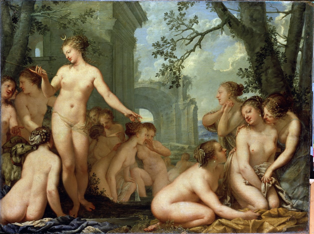 Diana og Callisto (Diana og Callisto). Gresk mytologi: Diana oppdager graviditeten til den gravide nymfen Callisto av Zeus. Maleri av Pietro Liberi (1614-1687). Barokk kunst. Olje på lerret. Eremitagemuseet St. Petersburg av Pietro Liberi