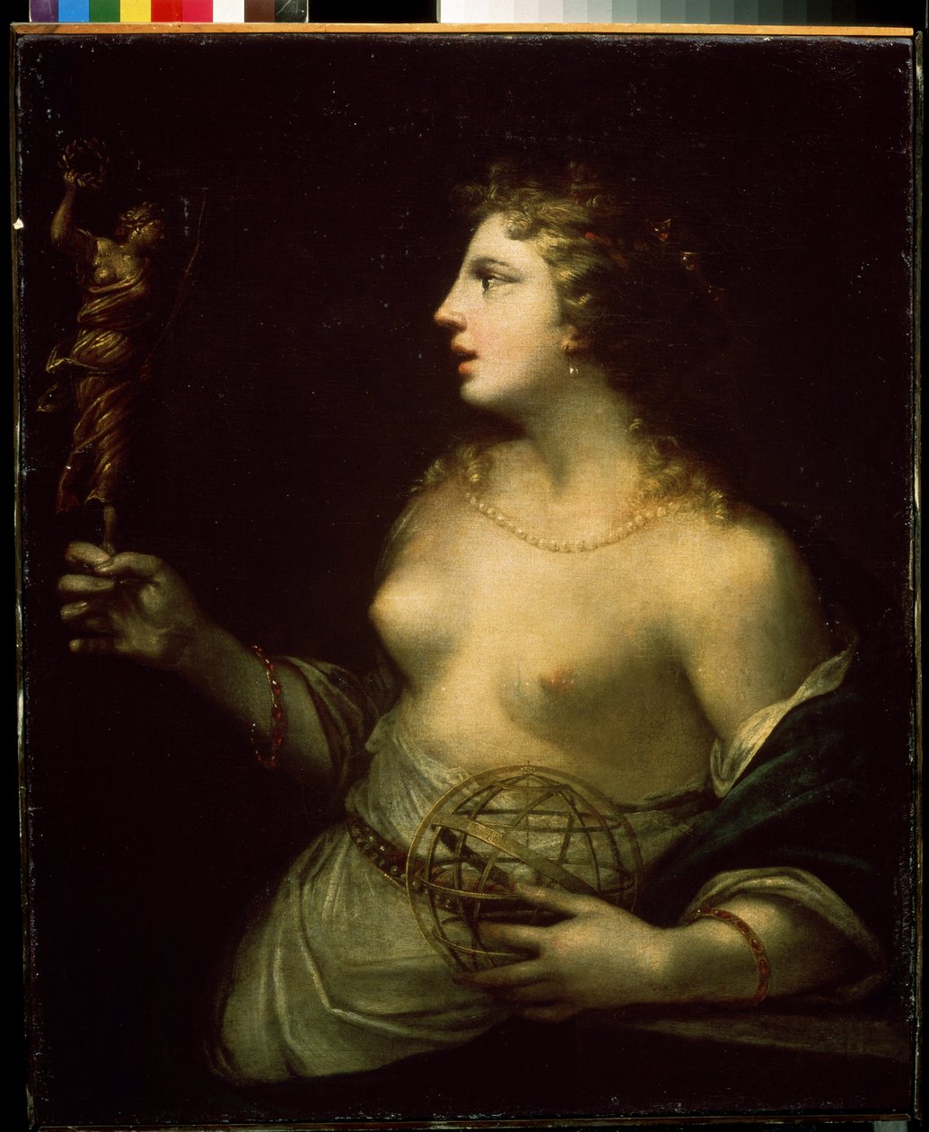 ""Urania"" (Urania) representasjon av den beskyttende musen for astronomi og astrologi, som holder en hånd på en kule. Maleri av Pietro Liberi (1614-1687) Mikhail Kroshitsky kunstmuseum fra 1600-tallet, Sevastopol (Sevastopol) Ukraina av Pietro Liberi