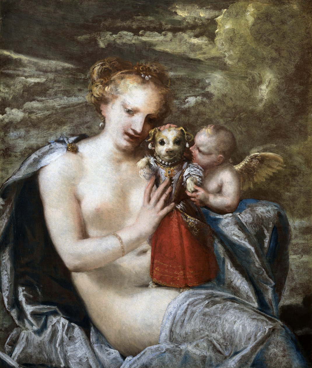 Venus, Amor og liten hund kledd som barn. av Pietro Liberi