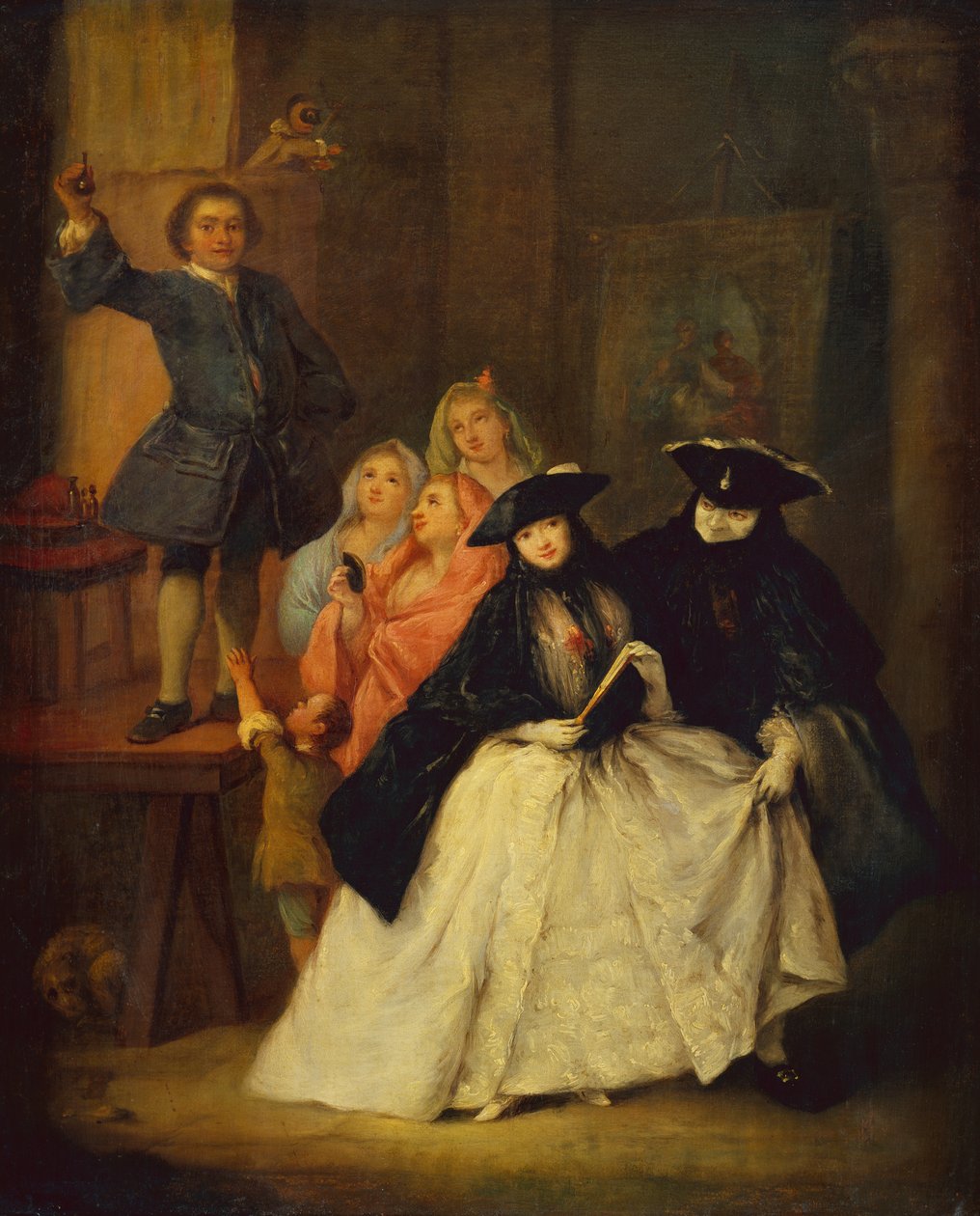 En Charlatan på en plattform med maskerte figurer i forgrunnen (olje på lerret) av Pietro Longhi