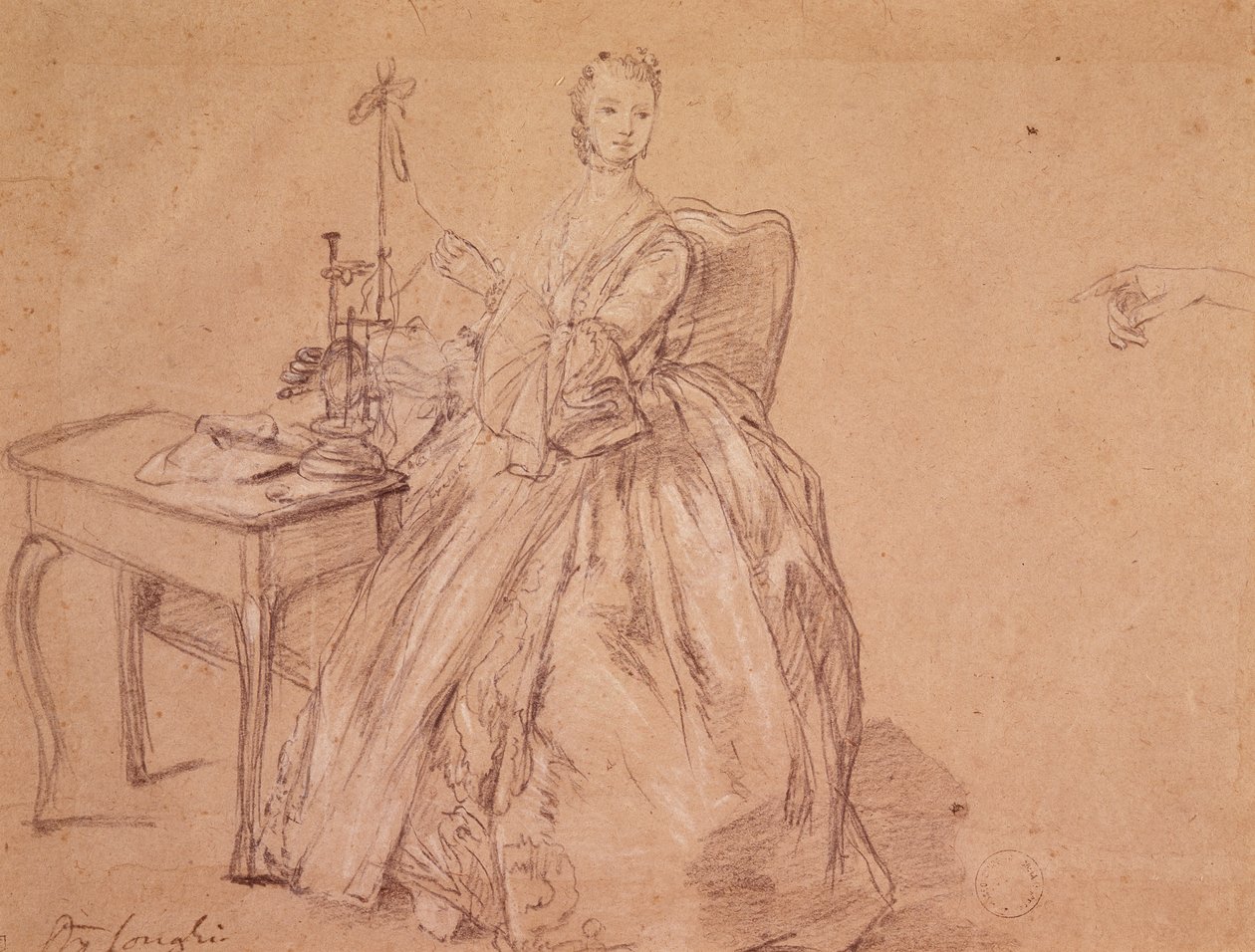 En kvinne som spinner (fargestift og hvitt kritt på papir) av Pietro Longhi