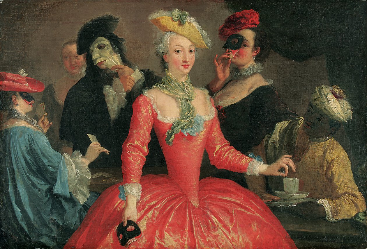 Elegant selskap i maskekostyme som tar kaffe og spiller kort av Pietro Longhi
