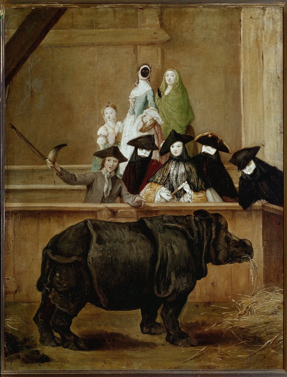 Utstilling av Clara, indisk neshorn (olje på lerret av Pietro Longhi